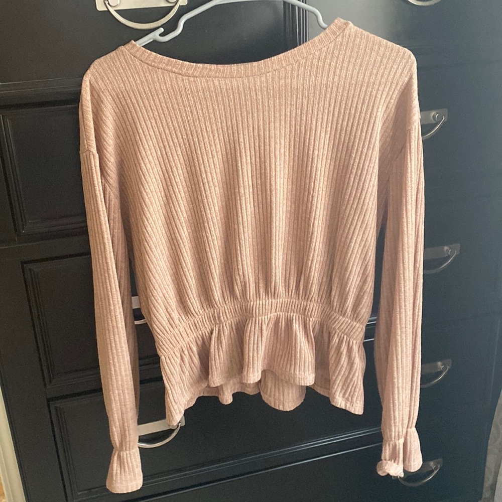 Long Sleeve Ribbed Peplum Blouse Beige Magnolia Boutique